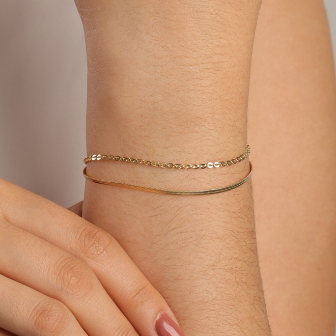 PU-00491-PULSEIRA DUPLA COM ELOS LAPIDADOS E CORRENTE ESTILO FITA LAMINADA