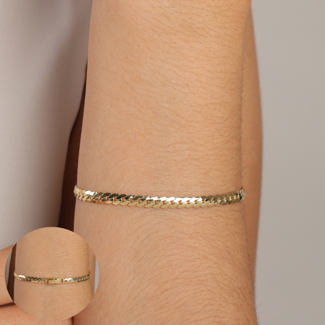 PU-00510 PULSEIRA BANHADA A OURO 18K COM CORRENTE EM ELOS ESTILO GRUMET COM ACABAMENTO POLIDO.