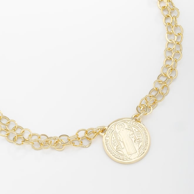 PU-00550 PULSEIRA BANHADA A OURO 18K COM CORRENTE DUPLA E PINGENTE S&Atilde;O BENTO