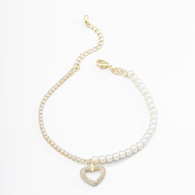 PU-00591 PULSEIRA ESFERAS DE P&Eacute;ROLA E PINGENTE DE CORA&Ccedil;&Atilde;O EM MICRO ZIRC&Ocirc;NIAS 