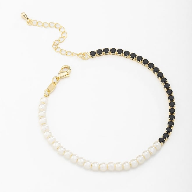 PU-00626 PULSEIRA BANHADA A OURO 18K COM MIX DE P&Eacute;ROLAS E CRAVA&Ccedil;&Atilde;O EM ZIRC&Ocirc;NIAS LAPIDADAS