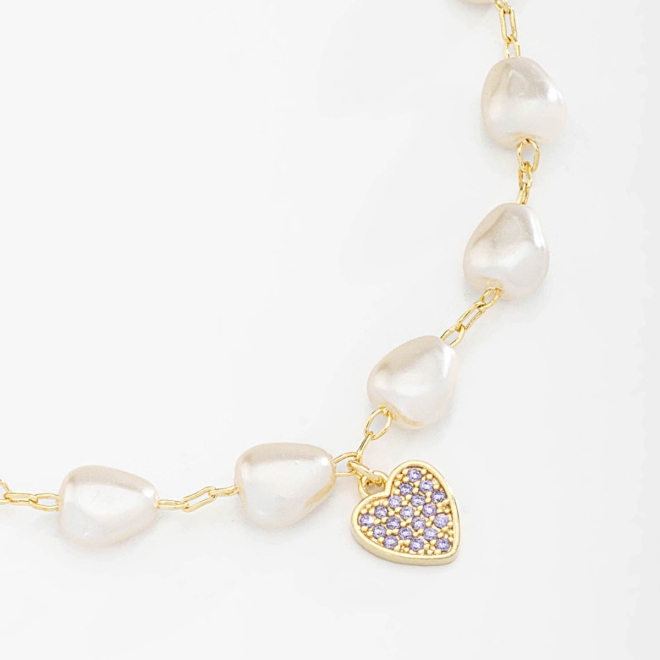 PU-00637 PULSEIRA COM P&Eacute;ROLAS E PINGENTES DE CORA&Ccedil;&Atilde;O CRAVEJADOS EM ZIRC&Ocirc;NIAS