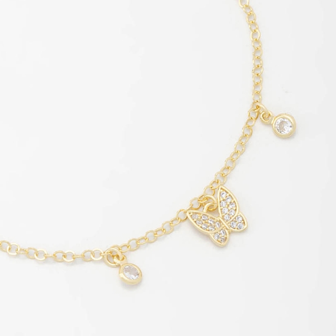 PU-00700 PULSEIRA COM PINGENTES DE BORBOLETA E ZIRCÔNIAS LAPIDADAS