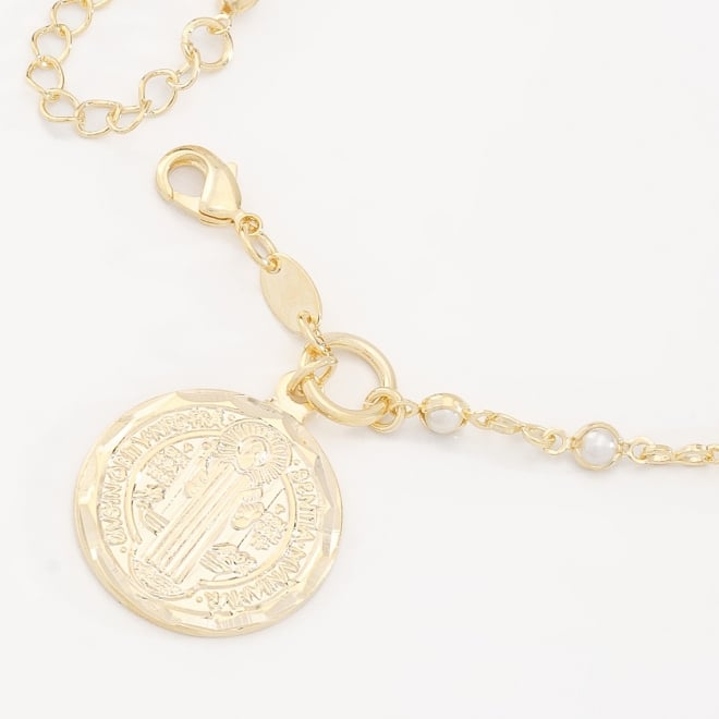 PU-00708 PULSEIRA COM DETALHES EM PÉROLAS E MEDALHA RELIGIOSA