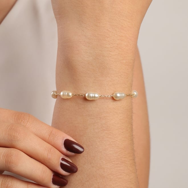 PU-00725 PULSEIRA BANHADA A OURO 18K COM PÉROLAS BARROCAS AO LONGO DA CORRENTE