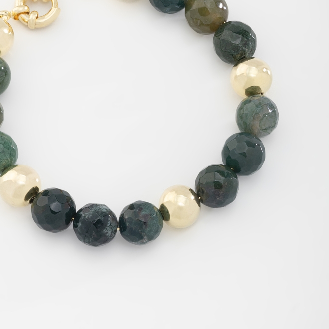 PU-00770 PULSEIRA COM ESFERAS FACETADAS EM TONS TERROSOS E DETALHES DOURADOS