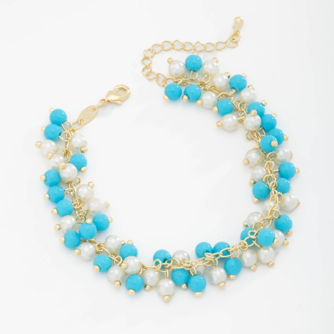 PU-00779 PULSEIRA COM DETALHES EM PÉROLAS E BOLAS NA COR TURQUESA