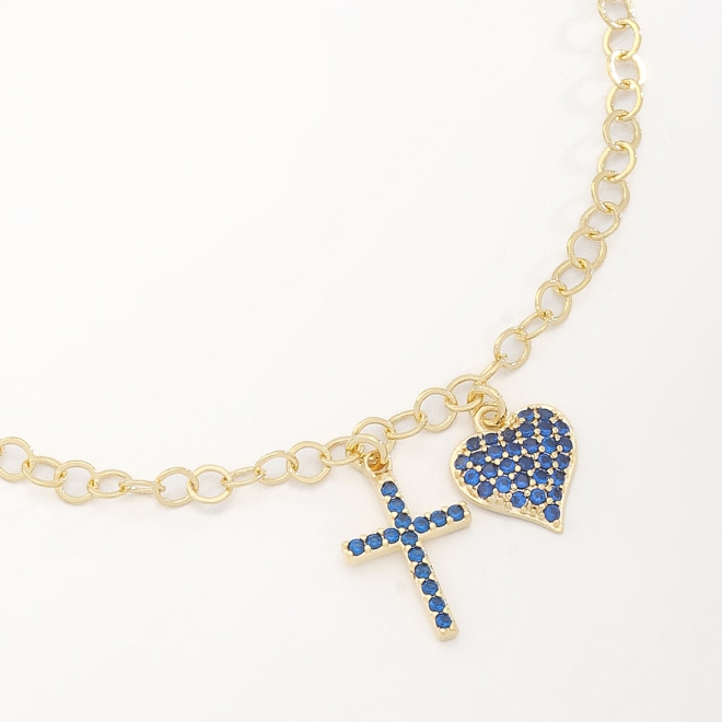 PU-00805 PULSEIRA COM PINGENTES DE CRUZ E CORAÇÃO EM ZIRCÔNIAS AZUIS