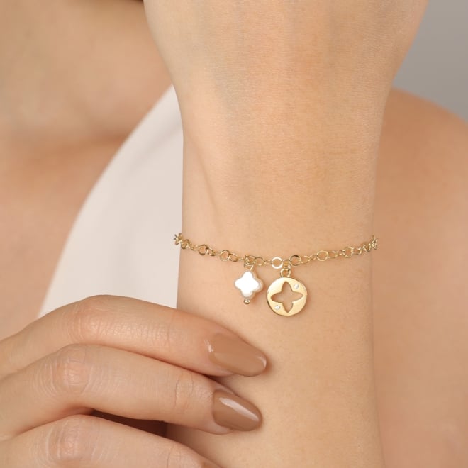PU-00806 PULSEIRA COM ELOS E PINGENTES DE FLOR EM MADREP&Eacute;ROLA E MEDALHA COM ZIRC&Ocirc;NIAS