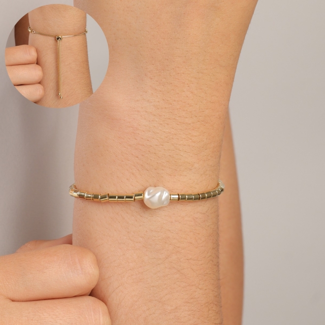 PU-00889 PULSEIRA BANHADA A OURO 18K COM DETALHES TUBULARES E P&Eacute;ROLA CENTRAL