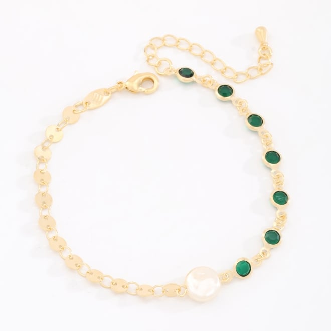 PU-00939 PULSEIRA BANHADA A OURO 18K COM DETALHES EM PEDRAS LAPIDADAS COM VARIEDADE DE CORES E PÉROLA CENTRAL
