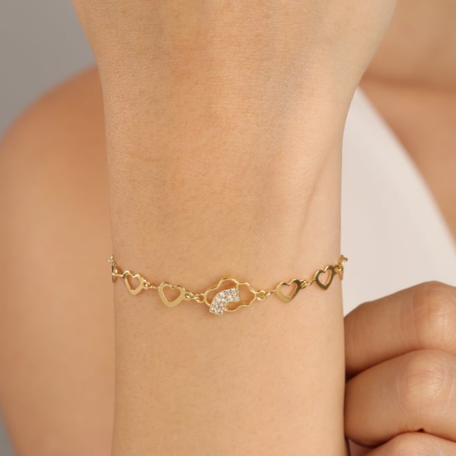 PU-01014 PULSEIRA COM ELOS EM ORA&Ccedil;&Atilde;O E PINGENTE EM FORMATO DE NUVEM COM DETALHES DE ARCO-&Iacute;RIS