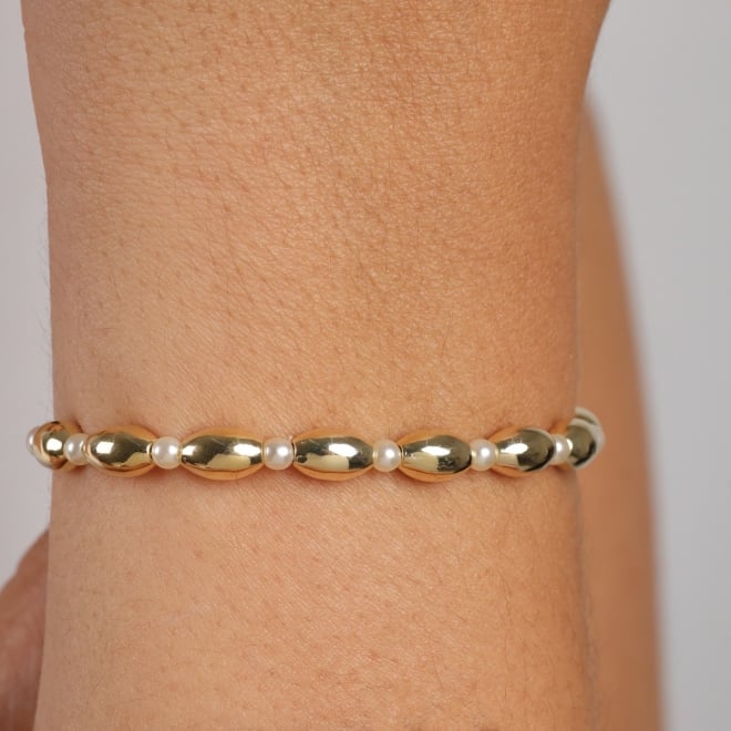 PU-01032 PULSEIRA BANHADA A OURO 18K COM ESFERAS POLIDAS INTERCALADAS EM PÉROLAS