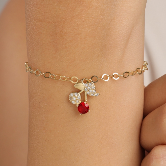 PU-01057-PULSEIRA COM PINGENTE DE CEREJA CRAVEJADA EM ZIRCÔNIAS