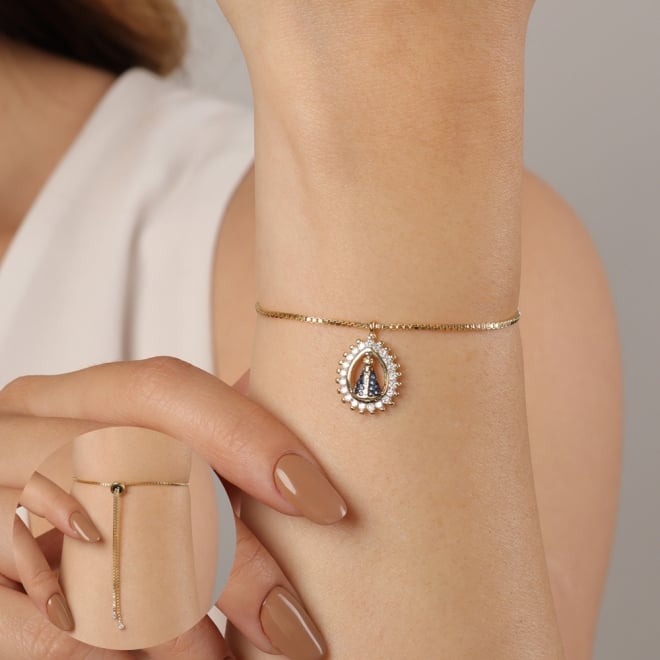 PUN-00898 PULSEIRA COM PINGENTE DE NOSSA SENHORA APARECIDA&nbsp;EM ZIRC&Ocirc;NIAS