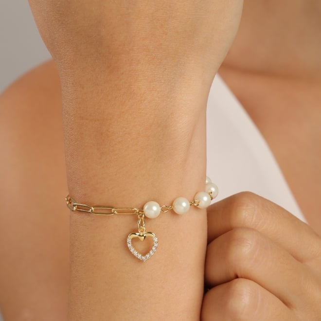PX-0033 PULSEIRA EM ELOS ALONGADOS INTERCALADOS COM P&Eacute;ROLAS E PINGENTE DE CORA&Ccedil;&Atilde;O CRAVEJADO