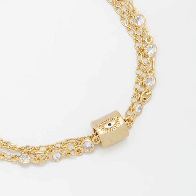 PX-0043 PULSEIRA BANHADA A OURO 18K COM TRIPLA CORRENTE E DETALHES CRAVEJADOS