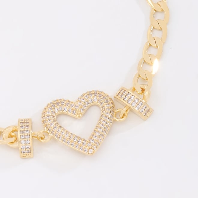 PX-0124 PULSEIRA BANHADA A OURO 18K COM ELO GRUMET E PINGENTE DE CORA&Ccedil;&Atilde;O CRAVEJADO EM ZIRC&Ocirc;NIAS