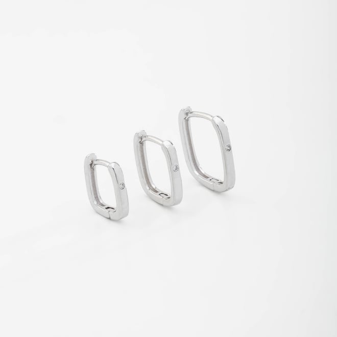 TACB-0135 TRIO DE ARGOLA RÓDIO COM DESIGN RETANGULAR E DETALHE DE ZIRCÔNIA