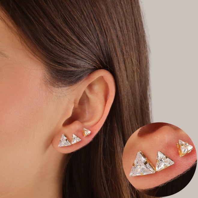 TBF-00010 TRIO DE BRINCOS BANHADOS A OURO 18K COM PEDRAS EM FORMATO TRIANGULAR