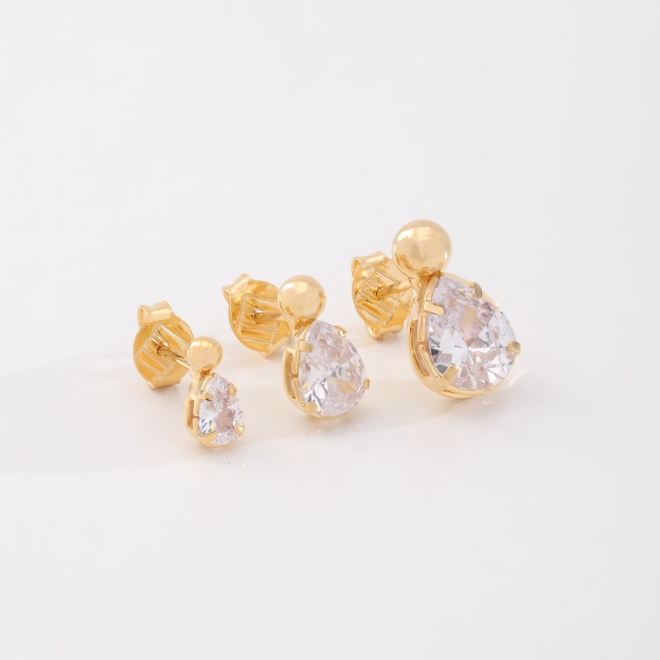 TBR-00002 TRIO DE BRINCOS COM ESFERA POLIDA E PEDRA EM GOTA LAPIDADA