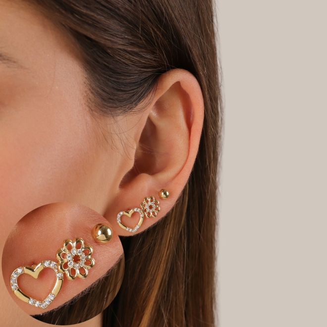 TBR-00035 TRIO DE BRINCOS BANHADOS A OURO 18K COM DESIGN VARIADO E DETALHES EM ZIRC&Ocirc;NIAS