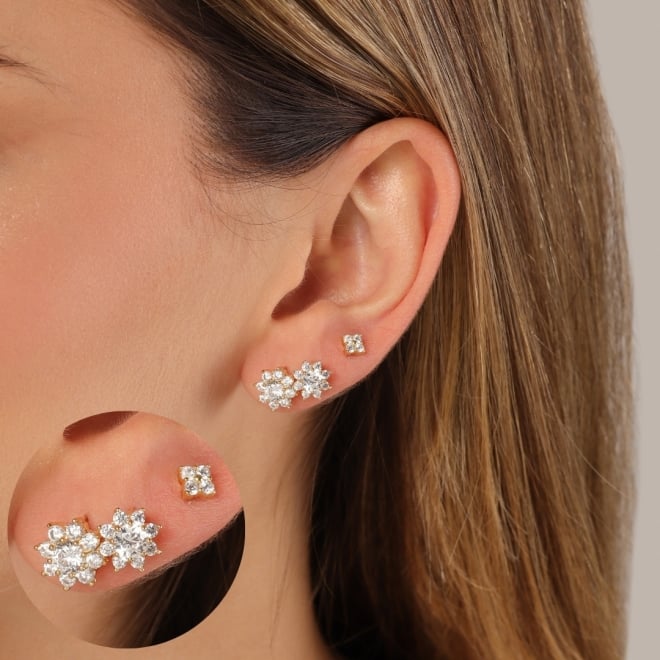 TBR-00042 TRIO DE BRINCOS BANHADOS A OURO 18K COM DESIGN FLOR EM ZIRCÔNIAS