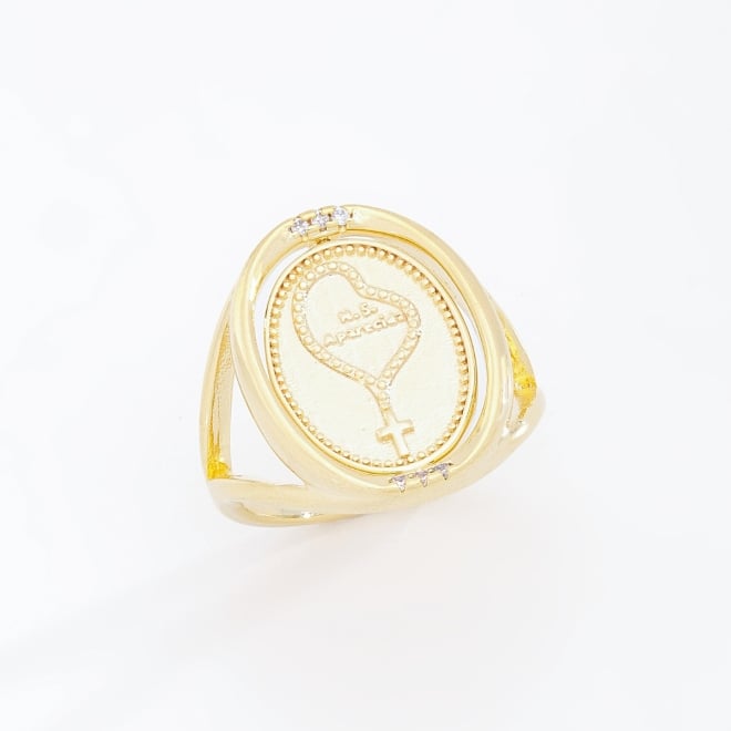 AN-00293 ANEL BANHADO A OURO 18K COM DESIGN DUPLA FACE DE N. S. APARECIDA E TERÇO
