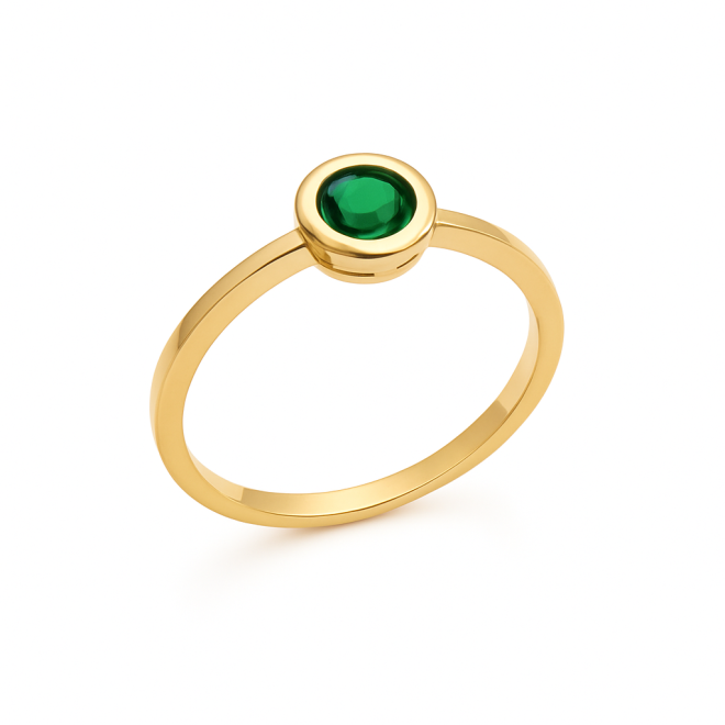 AN-00372 ANEL BANHADO A OURO 18K COM PEDRA VERDE LAPIDADA EM FORMATO REDONDO