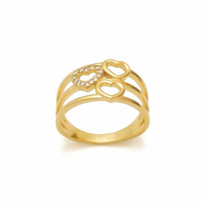 AN-00614 ANEL BANHADO A OURO 18K COM DESIGN DELICADO DE TRÊS CORAÇÕES