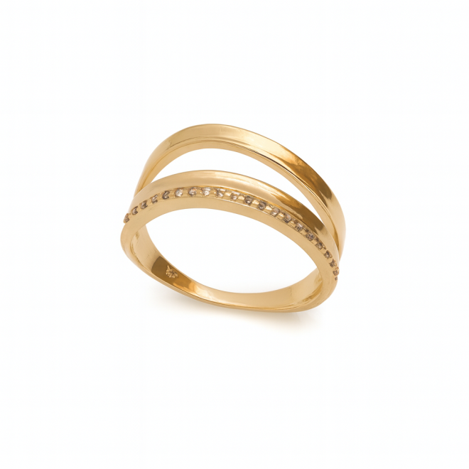 AN-00618 ANEL BANHADO A OURO 18K COM DESIGN DUPLO E FILEIRA DE ZIRCÔNIAS