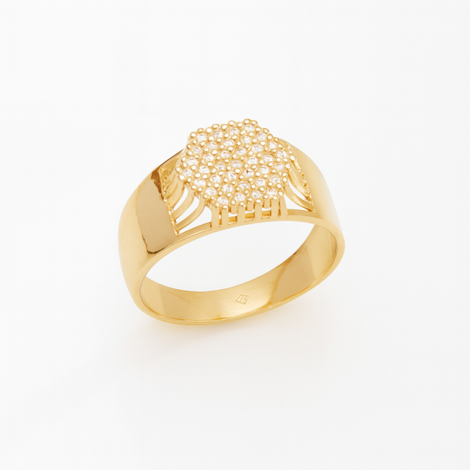 AN-00620 ANEL BANHADO A OURO 18K COM DESIGN ROBUSTO E TOPO EM ZIRCÔNIAS