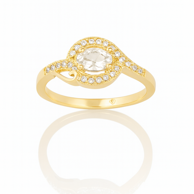 AN-00736 ANEL BANHADO A OURO 18K COM ZIRCÔNIA CENTRAL LAPIDADA EM FORMATO OVAL