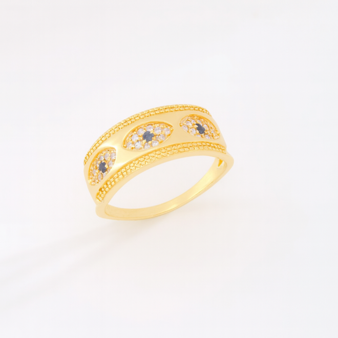 AN-00819  ANEL BANHADO A OURO 18K COM DESIGN EM FAIXA LARGA E DETALHES EM FORMATO DE OLHO GREGO