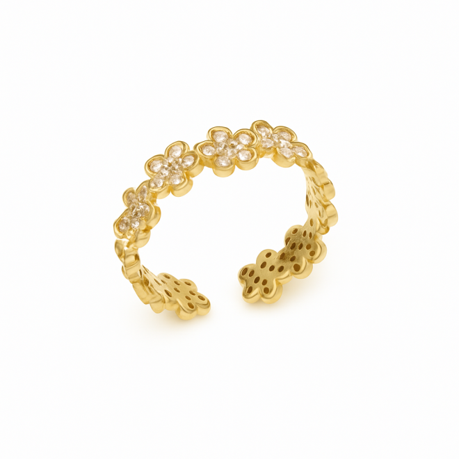 AN-00837 ANEL BANHADO A OURO 18K COM DESIGN DELICADO EM FORMATO DE FLORES