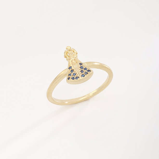 AN-01670 ANEL COM DETALHE DE NOSSA SENHORA APARECIDA COM PEDRAS AZUIS