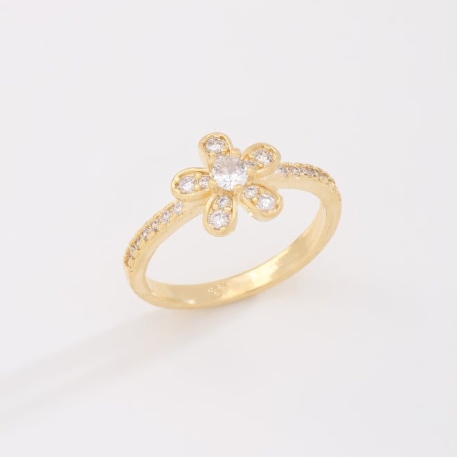 AN-01977 ANEL BANHADO A OURO 18K COM DESIGN DE FLOR CRAVEJADA EM ZIRCÔNIAS