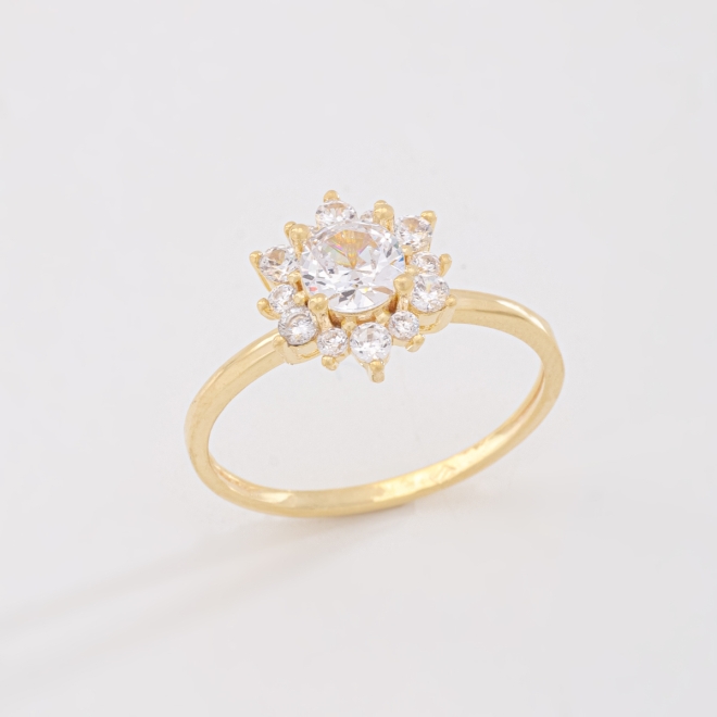 AN-01988 ANEL BANHADO A OURO 18K COM PEDRA CENTRAL E DETALHES AO REDOR CRAVEJADOS