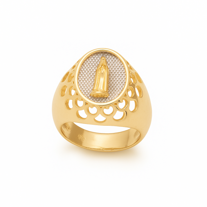 ANR-00813 ANEL BANHADO A OURO 18K COM IMAGEM DE NOSSA SENHORA DE FÁTIMA EM ALTO RELEVO