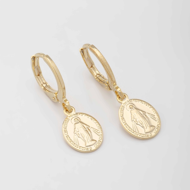 AQ-00129 BRINCO ARGOLA CLICK BANHADO A OURO 18K COM MEDALHA DE NOSSA SENHORA DAS GRAÇAS