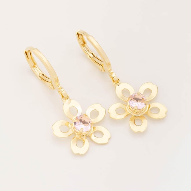 AQ-00214 BRINCO ARGOLA BANHADO A OURO 18K COM PINGENTE EM FORMATO DE FLOR E ZIRCÔNIA