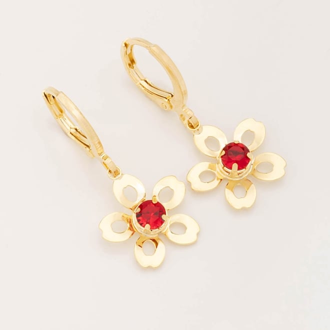 AQ-00214 BRINCO ARGOLA BANHADO A OURO 18K COM PINGENTE EM FORMATO DE FLOR E ZIRCÔNIA