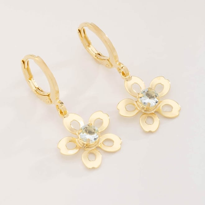 AQ-00214 BRINCO ARGOLA BANHADO A OURO 18K COM PINGENTE EM FORMATO DE FLOR E ZIRCÔNIA