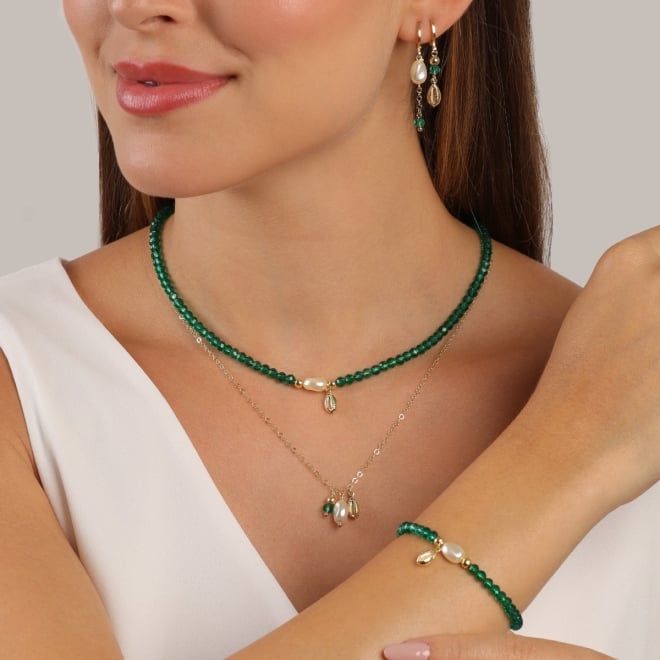AQ-00261 BRINCO ARGOLA CLICK BANHADO A OURO 18K COM PÉROLA OVAL E CORRENTE COM CRISTAL FACETADO