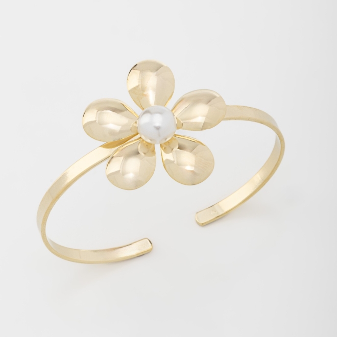 BL-00054 BRACELETE BANHADO A OURO 18K COM DESIGN DE FLOR E DETALHE CENTRAL EM PÉROLA