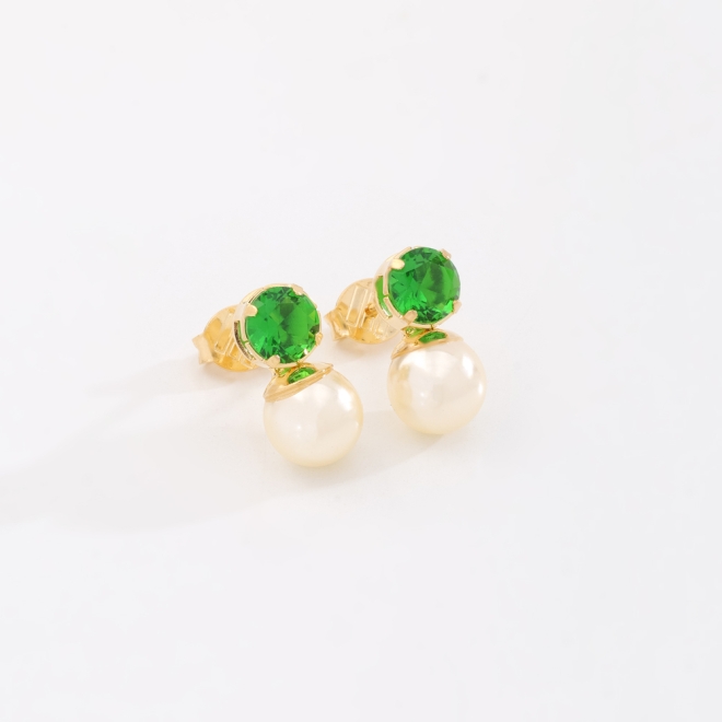 BR-00002 BRINCO BANHADO A OURO 18K COM ZIRCÔNIA REDONDA E PÉROLA