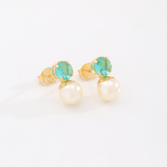 BR-00002 BRINCO BANHADO A OURO 18K COM ZIRCÔNIA REDONDA E PÉROLA