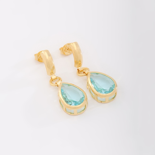 BR-00152 BRINCO BANHADO A OURO 18K COM PEDRA EM FORMATO DE GOTA FACETADA