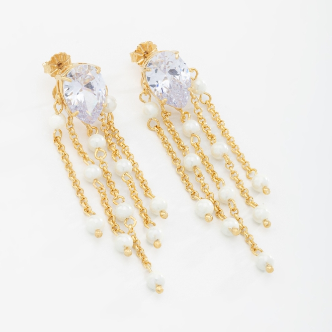 BR-00269 BRINCO COM ZIRCÔNIA GOTA E DETALHES EM PÉROLAS PENDENTES
