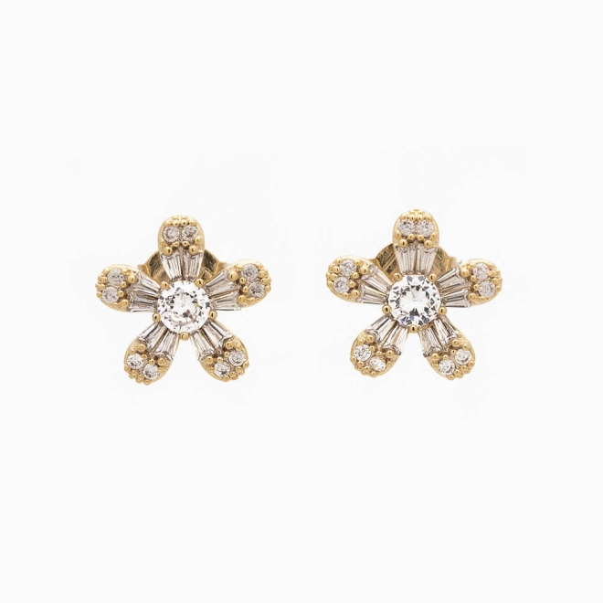 BR-00729 BRINCO FLOR COM MICRO ZIRCÔNIAS E PEDRAS BAGUETE 